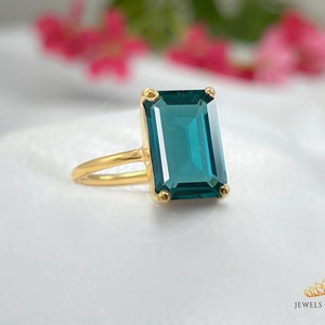Teal Sapphire Ring, 10 x 14 Emerald Cut Teal Sapphire Prong Set Ring, 925 Sterling Silver, 14k Gold Vermeil, Wedding Engagement Women&#39;s Ring