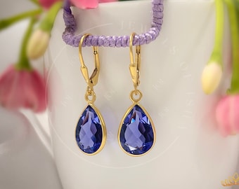 Tanzanite Teardrop Earrings, 18k Gold Fill or 925 Silver, Dangle Drop Earrings, Simple Handmade, Wedding Bridal Earrings, Gift For Wife