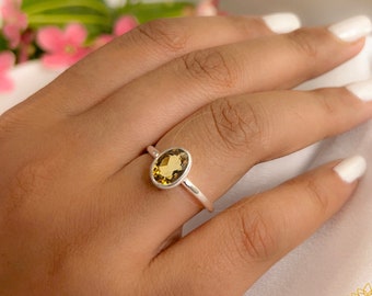 Dainty Citrine Ring, Oval 6x8 Bezel Set Solitaire Ring, S925 Silver,14k Gold Vermeil, Women Everyday Minimalist Ring, Handcrafted Ring
