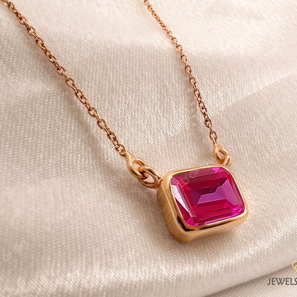 Rubellite Necklace, Pink Stone Necklace, 925 Silver 18k Gold, 7 x 9 Emerald Cut, Solid Handmade, Everyday Women's Delicate Jewelry, Mom Gift