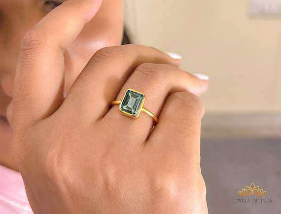 Green Amethyst Ring, Emerald Cut 7 x 9 Bezel Set Ring, Prasiolite Octagon Ring, 925 Silver or 14k Gold Vermeil,Fine Handcrafted Ring for Her
