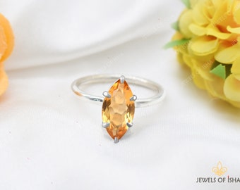 Anel de Citrino, Anel Solitário Delicado Marquise, Prata de Lei 925 ou Ouro Vermeil 14k, Anel para o Dia a Dia, Pedra do Nascimento de Novembro, Anel para Combinar