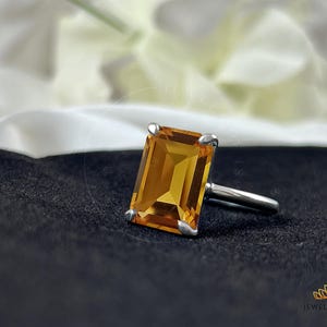 Statementring citrien, smaragd geslepen, 14k goudvermeil, handgemaakte 925 zilveren steekring, ring van 10 x 14 mm, geboortesteen november, cadeau voor liefde