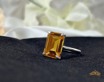 Citrine Emerald Cut Statement Ring, 14k Gold Vermeil, Handcrafted 925 Silver Prong Ring, 10x14mm Ring, November Birthstone, Gift For Love