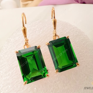 Green Garnet Dangle Earrings, 10x14 mm Rectangle Green Stone Earrings, Tsavorite Garnet Earrings, Women Earrings Gift, 9025 Silver, 14k Gold