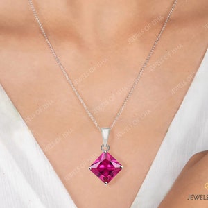 Princess Cut Rubellite Solitaire Necklace, 8mm Square Robellite Tourmaline Pendant Necklace, 925 Silver or Gold Filled, Minimalist Necklace image 2