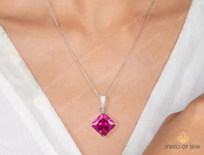 Princess Cut Rubellite Solitaire Necklace, 8mm Square Robellite Tourmaline Pendant Necklace, 925 Silver or Gold Filled, Minimalist Necklace image 2