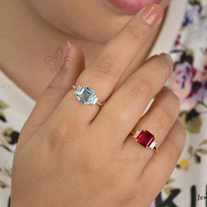 Red Ruby Solitaire Asscher Cut Prong Set Ring in Silver or 14k Gold Vermeil, Square Silver Ring, Women Everyday Ring, Romantic Gift For Her