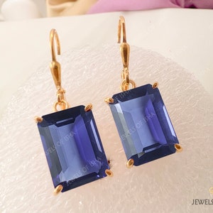 Tanzanite Emerald Cut Drop Earrings, 14k Gold/S925, 10x14 Vintage Handmade Dangle Lever back Earrings, Women Earrings Gift, 925 Solid Silver