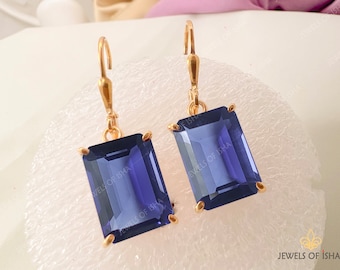 Tanzanite Emerald Cut Drop Earrings, 10 x 14 Vintage Handmade Dangle Lever back Earrings, Women Earrings Gift, 925 Solid Silver 14k Gold