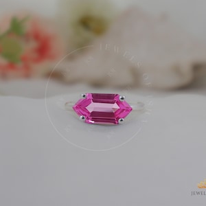 Pink Tourmaline Ring, 7x14mm Sideways Hexagon Pink Ring 14k Gold, Wedding Ring, Anniversary Ring, Birthstone Ring, 925 Silver Handmade Ring
