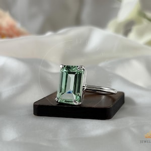 Prasiolite Emerald Cut 14k Gold Vermeil Ring, 925 Sterling Silver Statement Ring, Fine Handcrafted Women Ring, Green Amethyst Ring for Her