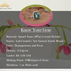 May include: A green gemstone ring with a square-shaped stone. The ring is made of silver and has a simple design. The text "Know Your Gem" is written in black on a pink background. The text below describes the gem's properties, including its material, source, color, density, luster, melting point, and hardness.