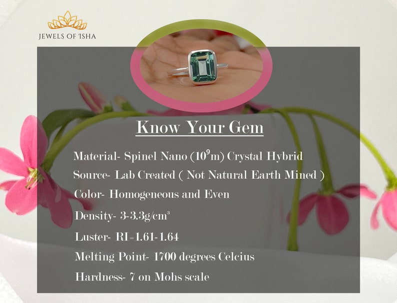May include: A green gemstone ring with a square-shaped stone. The ring is made of silver and has a simple design. The text "Know Your Gem" is written in black on a pink background. The text below describes the gem's properties, including its material, source, color, density, luster, melting point, and hardness.