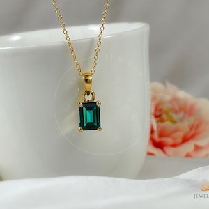 Emerald Cut Teal Sapphire Pendant Necklace, 7 x 9mm Delicate Pendant, 14k Gold Vermeil 925 Silver, Solid Handmade Dainty Chain Gift For Her