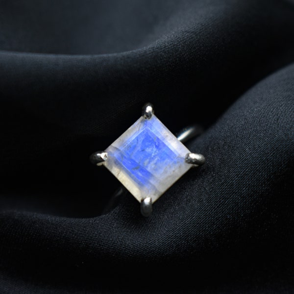 Cut Square Moonstone Sterling Silver Ring – Vintage Bohemian Ethnic Ring, Size 9