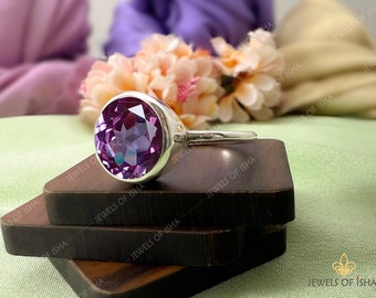 Alexandrite Ring Round 10mm, Color Change Alexandrite, 925 Solid Silver or 18k Gold Filled, Purple Blue Alexandrite, Solitaire Gift for Her