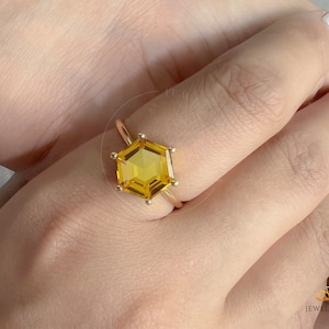 Yellow Citrine Ring,925 Silver,14k Gold Vermeil, Hexagon 10mm Solitaire Ring, Birthstone Ring, Yellow Stone Ring, Solid Handmade Silver Ring