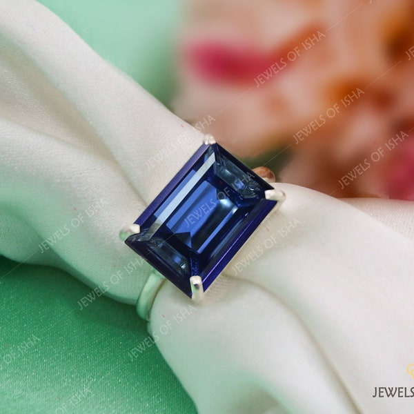 18k Gold Fill Sapphire Ring, Sapphire Cocktail Ring 925 Sterling Silver Emerald Cut Octagon Ring, Modern Cocktail Ring September Birthstone