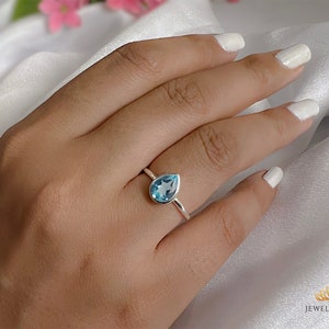 Aquamarin Tropfen Ring, Solitär Verlobungsring, 925 Silber 14 k Gold, Zarte Ring, Solide Handgefertigt, Minimalistisch, Stapelring Für Sie