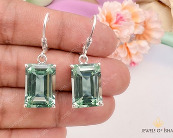 Green Amethyst Earrings, Classic Leverback Dangle Drop, 925 Silver or 14k Gold, 10 x 14 Emerald Cut, Prasiolite Earrings, Mom Gift Rose Gold