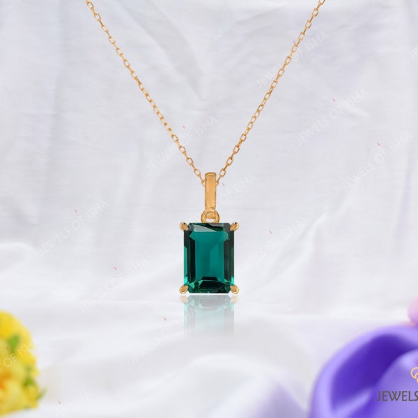 Emerald Cut Teal Sapphire Pendant Necklace, 7 x 9 Delicate Pendant Necklace, 14k Gold Or Silver, Solid Handmade Dainty Chain Gift For Her