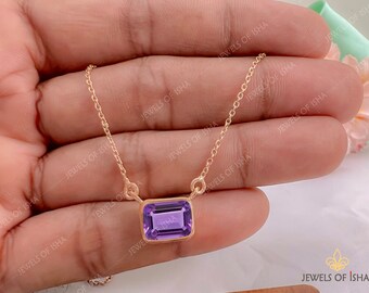 Amethyst Necklace 7 x 9 Emerald Cut, 18k Gold Layering Necklace, Purple Stone February Gift, Choker Women Gift, 925 Sterling Silver Mom Gift