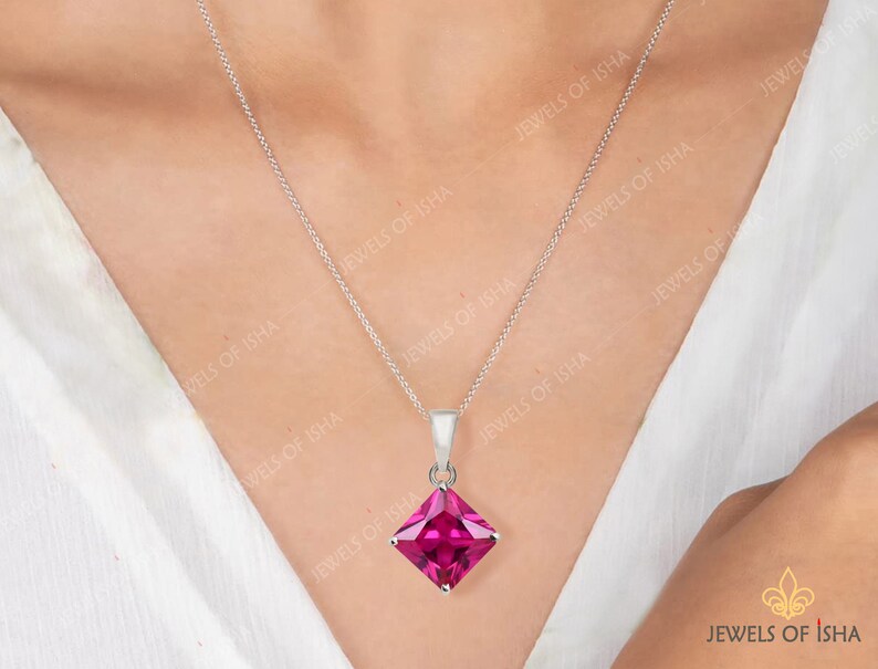 Princess Cut Rubellite Solitaire Necklace, 8mm Square Robellite Tourmaline Pendant Necklace, 925 Silver or Gold Filled, Minimalist Necklace image 4