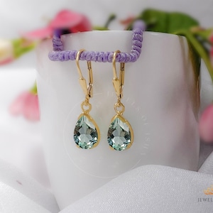 Green Amethyst Teardrop Earrings, Pear Cut 7x10 Prasiolite Earrings,925 Silver or 14k Gold Dangle Drop Earrings, Gift For Her,Women Earrings