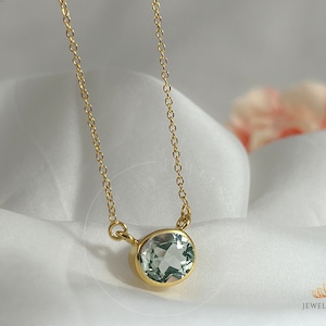 Green Amethyst Necklace, Stunning Prasiolite Solitaire Necklace, 14k Gold Vermeil, 925  Silver, Solid Handmade, 8 x 10 Oval Mothers Day Gift