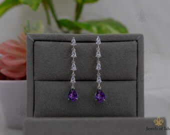 Purple Amethyst 6x8 mm Long Dangle Earrings 14k Gold Vermeil, Earrings For Women Push Post Style, Birthday Gifts, Wedding Gift Earring Gift