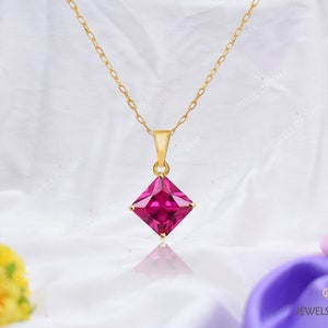 Princess Cut Rubellite Solitaire Necklace, 8mm Square Robellite Tourmaline Pendant Necklace, 925 Silver or Gold Filled, Minimalist Necklace image 1