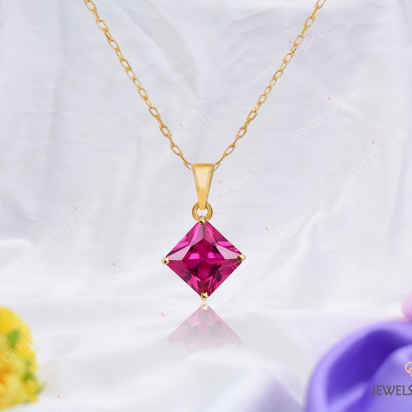 Princess Cut Rubellite Solitaire Necklace, 8mm Square Robellite Tourmaline Pendant Necklace, 925 Silver or Gold Filled, Minimalist Necklace