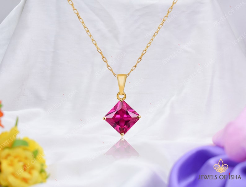 Princess Cut Rubellite Solitaire Necklace, 8mm Square Robellite Tourmaline Pendant Necklace, 925 Silver or Gold Filled, Minimalist Necklace image 1