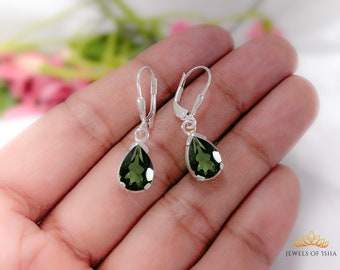 Green Tourmaline Teardrop Earrings, 925 Silver or 14k Gold Vermeil, Anniversary Gift, Minimalist Earrings, Pear Cut 7x10mm, Fine Handcrafted
