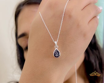 Color Changing Alexandrite Pendant Necklace, Purple Blue Pear 7x10 Alexandrite in 925 Silver, Wedding Engagement Minimalist Women Necklace