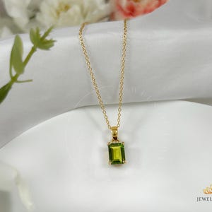 Delicate Peridot Emerald Cut 7 x 9 Solitaire, 14k Gold Vermeil Layering Necklace, 925 Silver Fine Handcrafted Necklace, August Birthstone