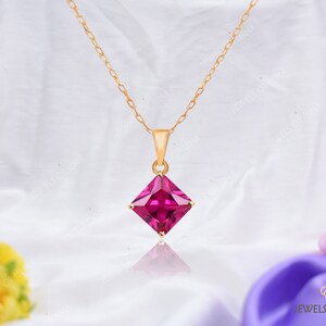 Princess Cut Rubellite Solitaire Necklace, 8mm Square Robellite Tourmaline Pendant Necklace, 925 Silver or Gold Filled, Minimalist Necklace image 3