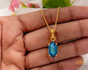 六角形ロンドンブルートパーズペンダントネックレス、925シルバー14K