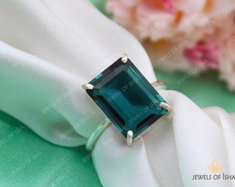 Teal Sapphire Ring, 10 x 14 Emerald Cut Teal Sapphire Prond Set Ring, 925 Sterling Silver or 18k Gold Fill, Wedding Engagement Women's Ring