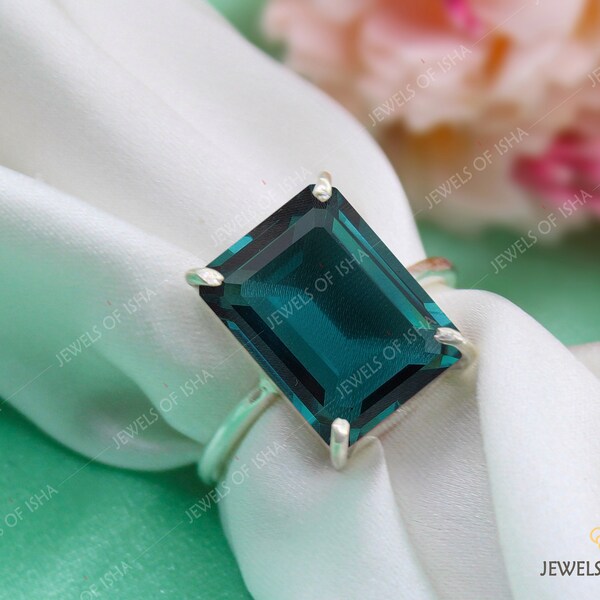 Teal Sapphire Ring, 10 x 14 Emerald Cut Teal Sapphire Prond Set Ring, 925 Sterling Silver or 18k Gold Fill, Wedding Engagement Women's Ring