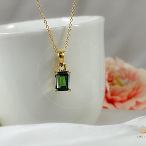 Green Tourmaline Necklace, Emerald Cut 14k Gold Vermeil, Minimalist Layering Thin Chain, Silver Green Stone Pendant, Rectangle Birthstone