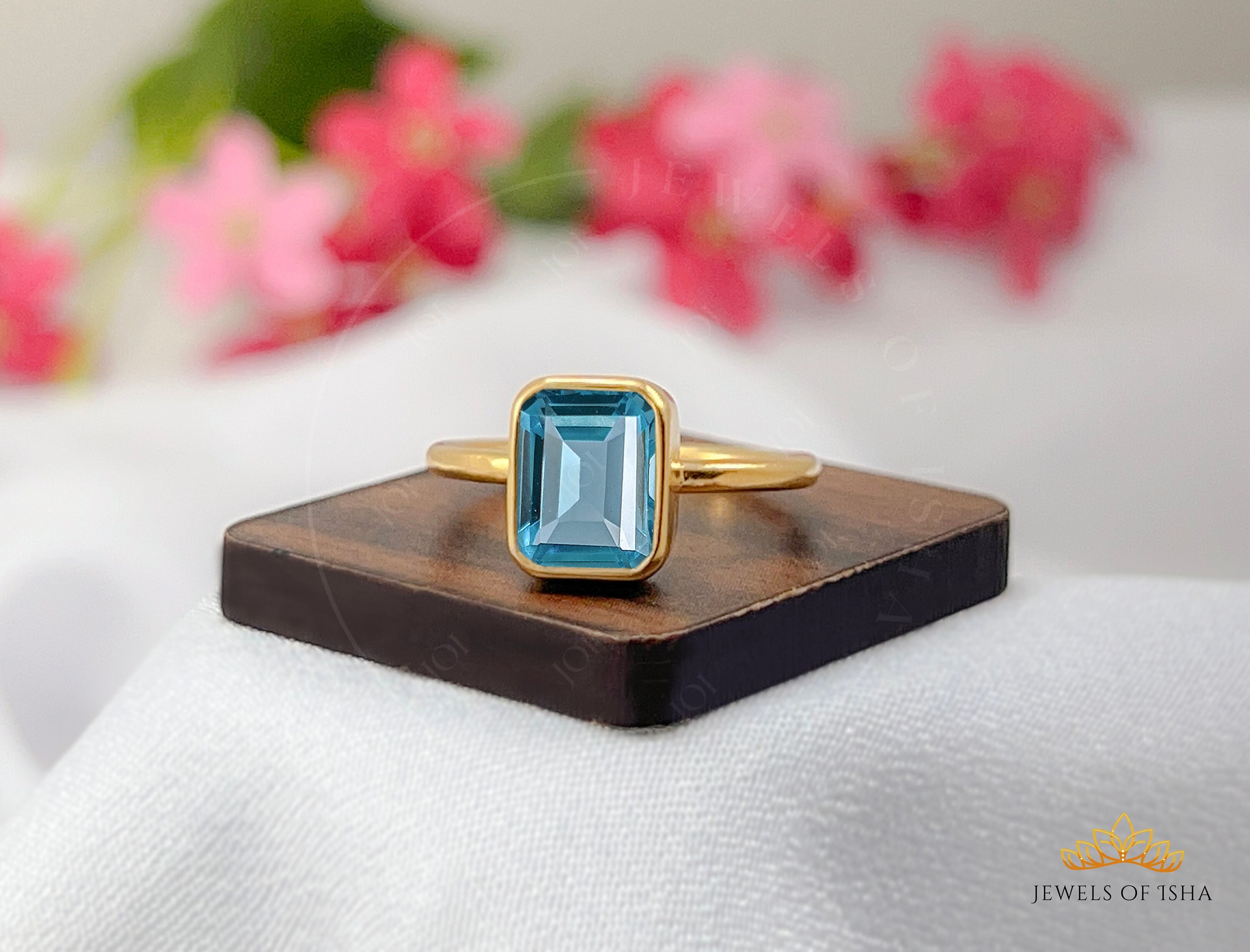 Emerald Cut Aquamarine Ring, 7x 9 Octagon Aquamarine Ring, 925 Silver or 14k Gold Vermeil Women Solitaire Ring Handcrafted Gift For HER