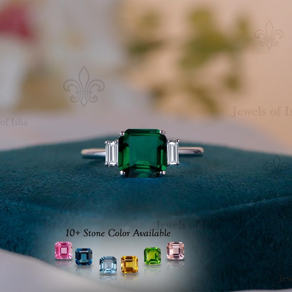 Anello con quarzo smeraldo taglio Asscher da 8 mm, anello con smeraldo verde, anello solitario quadrato, anello con pietra d'accento, anello per tutti i giorni, argento 925/vermeil d'oro 14k