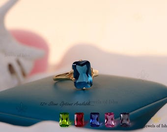 Vintage London Blue Topaz Ring, 14k Gold Vermeil/925 Sterling Silver, Split Shank Six Prong Statement Bold Solitaire Ring,8x12mm Radiant Cut