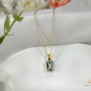 Green Amethyst Pendant, Prasiolite Pendant, 14k Gold Vermeil Emerald Cut, Silver Layering Minimalist Women Everyday Necklace, Gift For Her