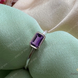Amethyst Dainty Baguette Ring, Thin Silver or Gold Ring, February Birthstone, Small Rectangle Stone Ring, 14k Rose Gold, Bridal Ring