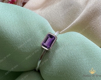 Amethyst Dainty Baguette Ring, Thin Silver or Gold Ring, February Birthstone, Small Rectangle Stone Ring, 14k Rose Gold, Bridal Ring