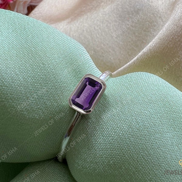 Amethyst Dainty Baguette Ring, Thin Silver or Gold Ring, February Birthstone, Small Rectangle Stone Ring, 14k Rose Gold, Bridal Ring