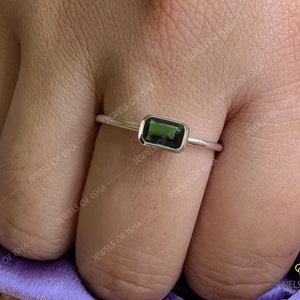 Dainty Green Tourmaline Ring, Thin 14k Gold Baguette Ring, 925 Silver Handmade Ring, 4 x 6 Rectangle Bezel Set, Everyday Ring Gift For Her